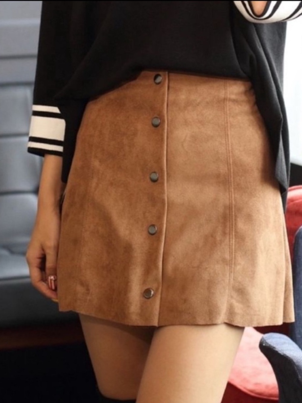 NWOT Altar'd State Caramel Button-Front Faux Suede Skirt